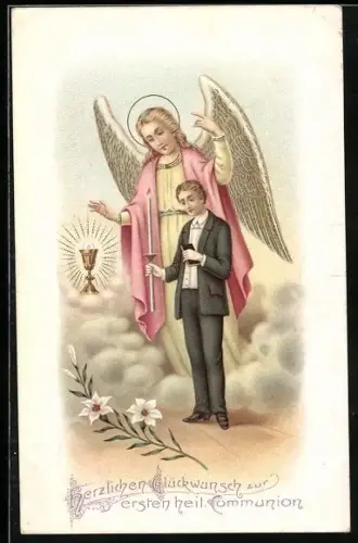 AK Engel über einem Jungen mit Kerze und Bibel, Kommunion