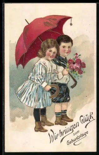 Präge-AK Zwei Kinder mit Blumen unter einem roten Schirm, Geburtstagsgrüsse