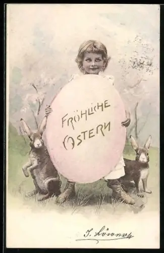 AK Zwei Osterhase mit einem kleinen Kind