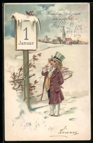 Lithographie Amor im Schnee vor einem Schild, Neujahr