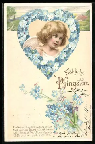 Lithographie Kleiner Engel in einem herzförmigen Rahmen, Fröhliche Pfingsten