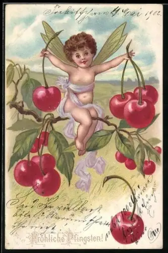 Lithographie Engel sitzt vergnügt auf einem Kirschenbaumzweig
