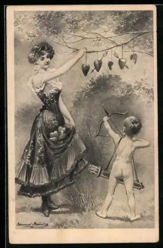 Lithographie Amor schiesst auf Herzen, die eine Dame an einem Ast aufhängt