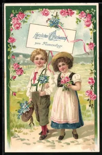 Präge-AK Kinder in traditioneller Kleid gratulieren zum Namenstag