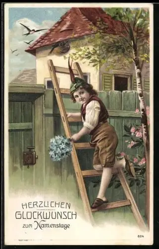 Präge-AK Junge klettert über eine Leiter um Blumen zum Namenstag zu überreichen