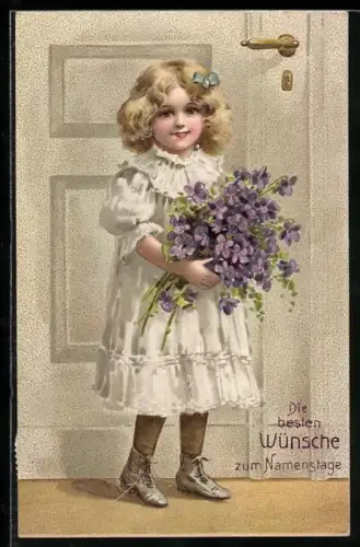 Präge-AK Junges Mädchen schenkt Veilchenstrauss zum Namenstag
