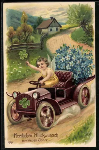 Präge-AK Neujahrsengel fährt in einem Auto mit Veilchen und Klee