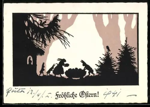 AK Osterhasenfamilie mit Eierwagen, Schattenbild, Ostergruss