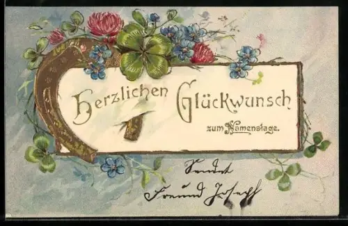 Präge-AK Kleeblätter u. -blüten, Vergissmeinnicht, Namenstagsgruss