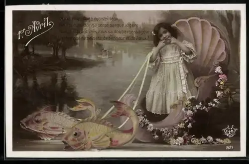 AK Mädchen mit Fischen am Wasser, 1. April