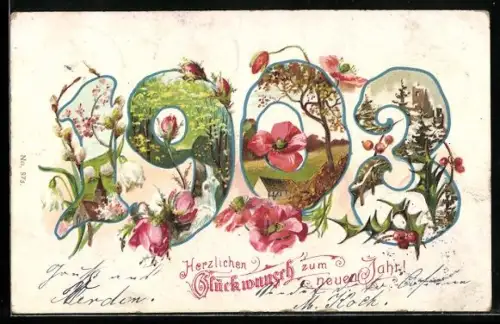 AK Frühlings-, Sommer-, Herbst- und Winterlandschaften in Jahreszahl, Neujahrsgruss 1903