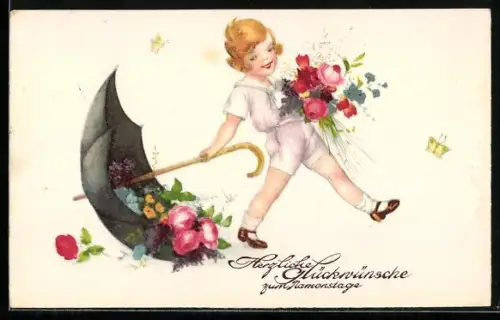 AK Kleiner Gratulant mit Blumen und Schirm, Namenstagsgruss