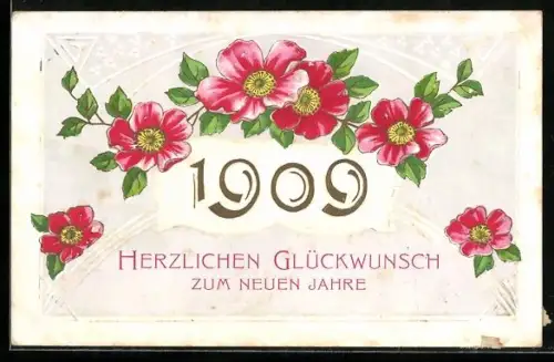 AK Jahreszahl 1909 mit Rosen, Neujahrsgruss