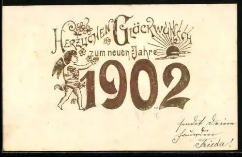 Präge-AK Neujahrsgrüsse, Jahreszahl 1902 mit Engel und Sonne