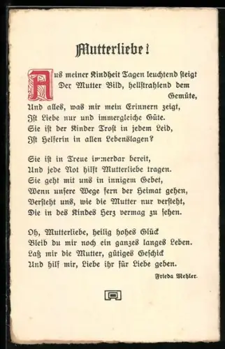 AK Gedicht Mutterliebe von Frieda Wehler zum Muttertag