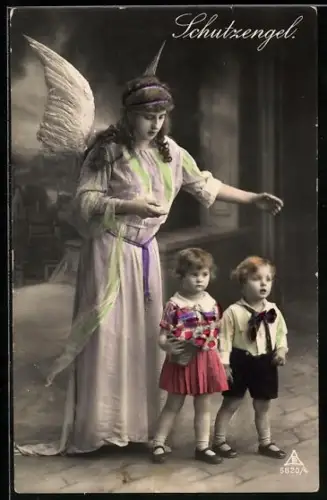 AK Schutzengel beschützt kleine Kinder