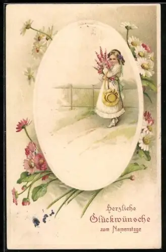 Präge-AK Junges Mädchen mit Hut und einem Strauss Blumen, Glückwunsch zum Namenstag