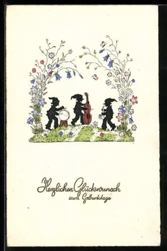 AK Geburtstag, Zwerg-Musik-Orchester auf der Wiese