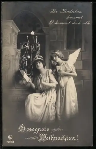 AK Weihnachtsengel singen am Weihnachtsbaum