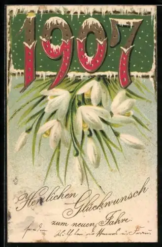 Künstler-AK Jahreszahl 1907 mit Schneeglöckchen