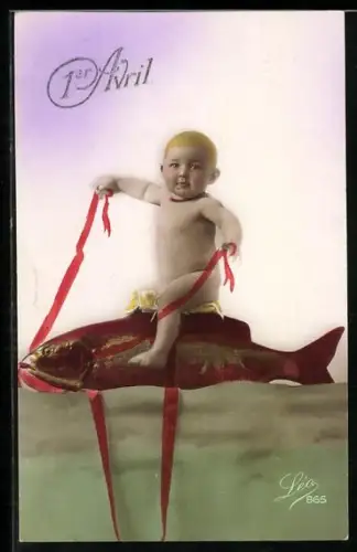 AK Kleinkind reitet zum 1. April auf einem Fisch