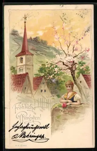 AK Junge Dame lehnt vor einer Kirche auf einer Mauer, Pfingstgrüsse