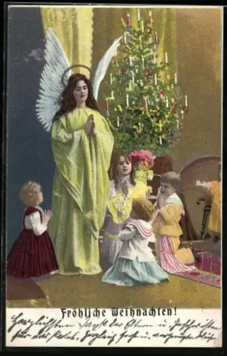 AK Weihnachtsengel und Kinder beten am Weihnachtsbaum