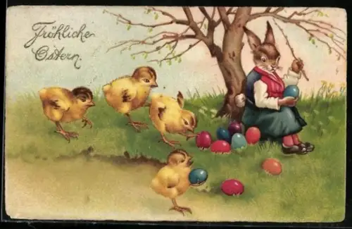 AK Osterhase bemalt Eier beobachtet von Küken