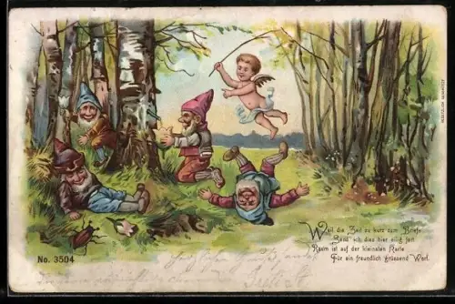 Lithographie Zwerg tollen mit Engel im Wald umher