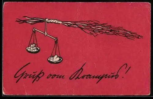 AK An einer Rute befestigte Waage mit einem Geldsack und einem Herzen, Gruss vom Krampus