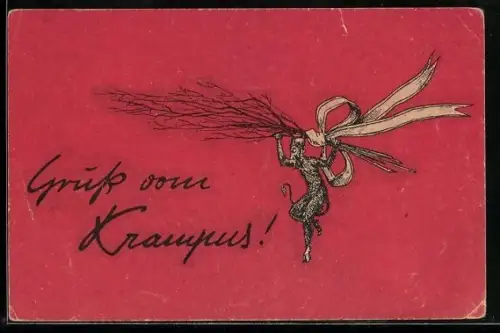 AK Gruss vom Krampus!, Teufel trägt Rute