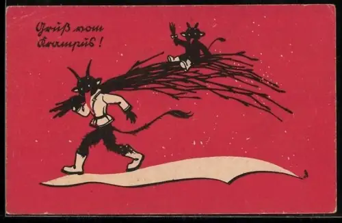 AK Krampus trägt einen kleinen Krampus durch den Schnee, Gruss vom Krampus