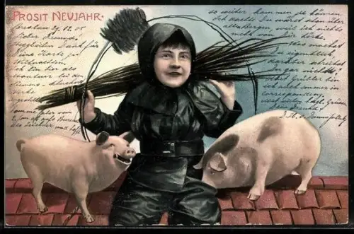 AK Schornsteinfeger sitzt mit Glücksschweinen auf einem Dach, Prosit Neujahr