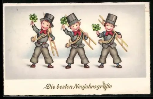 AK Drei Schornsteinfeger mit Kleeblättern überbringen Neujahrsgrüsse