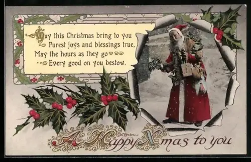 AK Weihnachtsmann mit Stechpalmenzweigen, Weihnachtsgrüsse