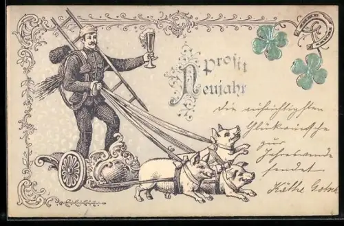 Präge-AK Schornsteinfeger reitet auf einem Streitwagen, der von Schweinchen gezogen wird, Neujahrsgrüsse