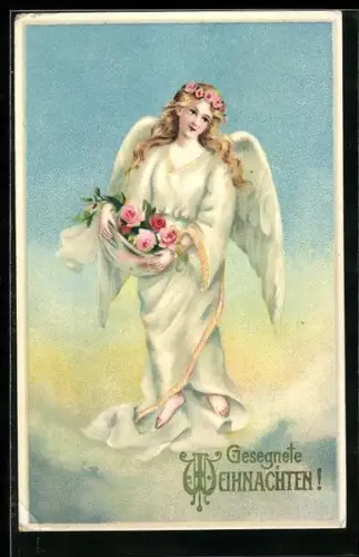 AK Weihnachtsengel mit Korb voller Rosen