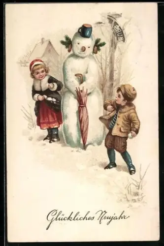 AK Zwei Kinder mit einem Schneemann, Neujahr