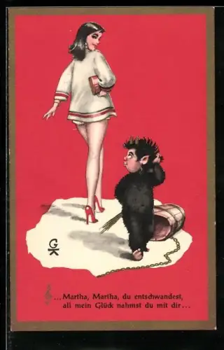 AK Kleiner Krampus und verführerische Frau