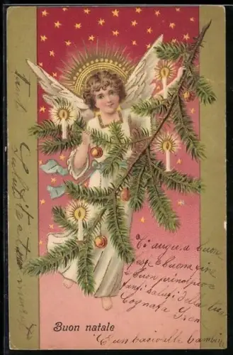 AK Weihnachtsengel mit geschmücktem Weihnachtsbaum