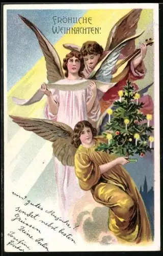 AK Drei Weihnachtsengel mit leuchtendem Weihnachtsbaum und Laute