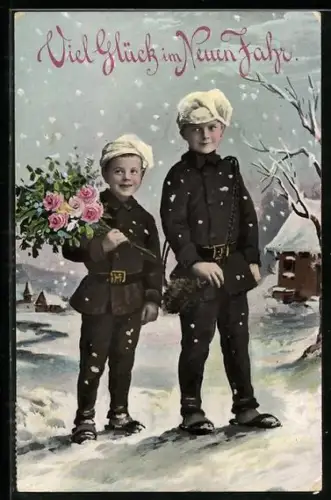 AK Zwei kleine Schornsteinfeger mit Rosenstrauss im Schnee