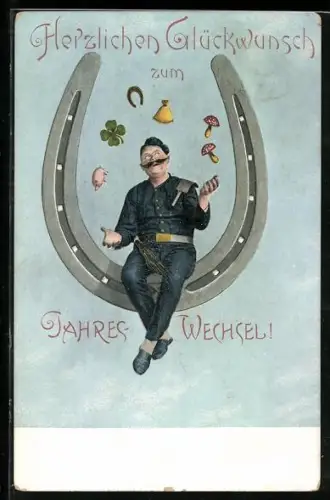 AK Schornsteinfeger auf einem Hufeisen jongliert mit Pilzen, Klee und Geld