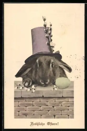AK Osterhase mit einem Hut auf einer Mauer, Fröhliche Ostern