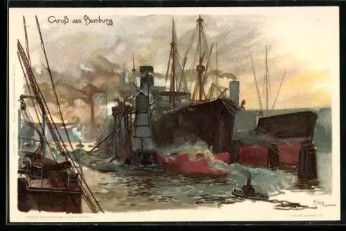 Künstler-AK Heinrich Kley: Hamburg, Grosse Schiffe liegen im Hafen