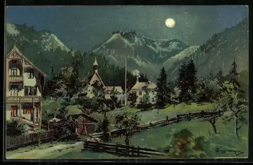 Künstler-AK Theodor Guggenberger: Ansicht einer Ortschaft im Gebirge