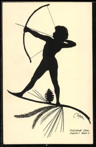 Künstler-AK Diefenbach: Person mit Pfeil und Bogen steht auf einem Zweig, Scherenschnitt