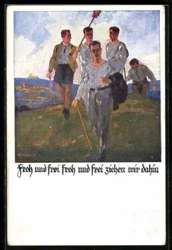 Künstler-AK Otto Amtsberg: Zum Besten des D. T.-Hauses, Froh und frei ziehen wir dahin, Wandervögel
