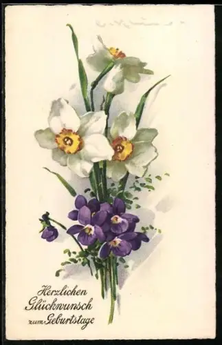 Künstler-AK Catharina Klein: Blumenstrauss mit Veilchen und Osterglocken