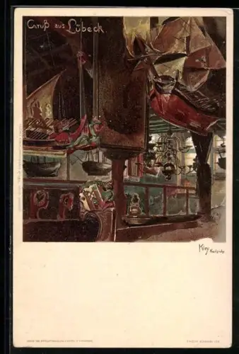 Künstler-AK Heinrich Kley: Lübeck, Schiffsmodelle an der Decke eines Gasthauses